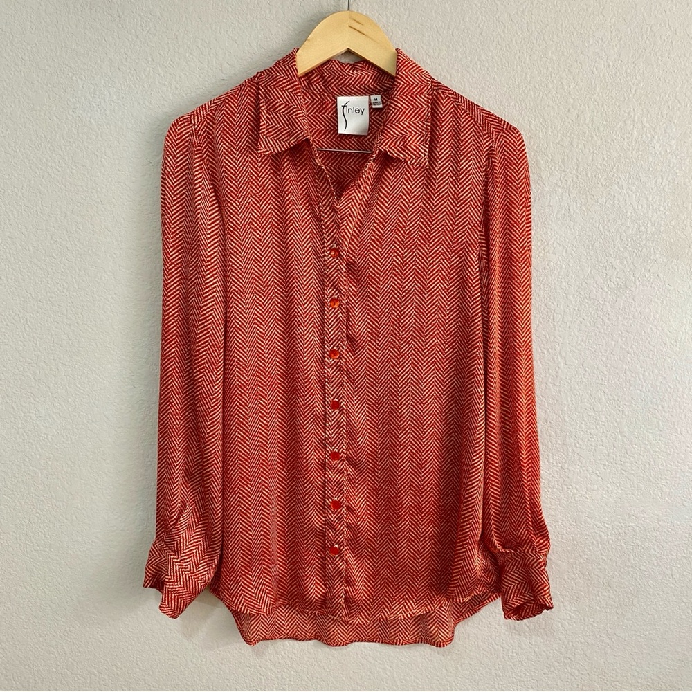 Finley "Mini Monica" Rust Herringbone Button Down Blouse Shirt Made in USA M - Picture 2 of 9